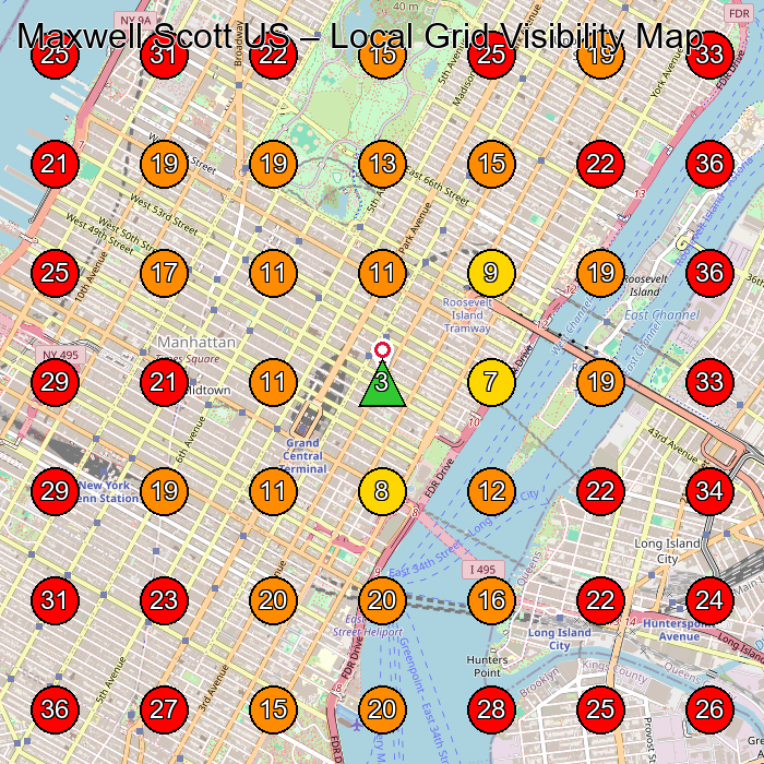 Maxwell Scott US GeoGrid visibility map for Leather Goods Manufacturer in Brooklyn
